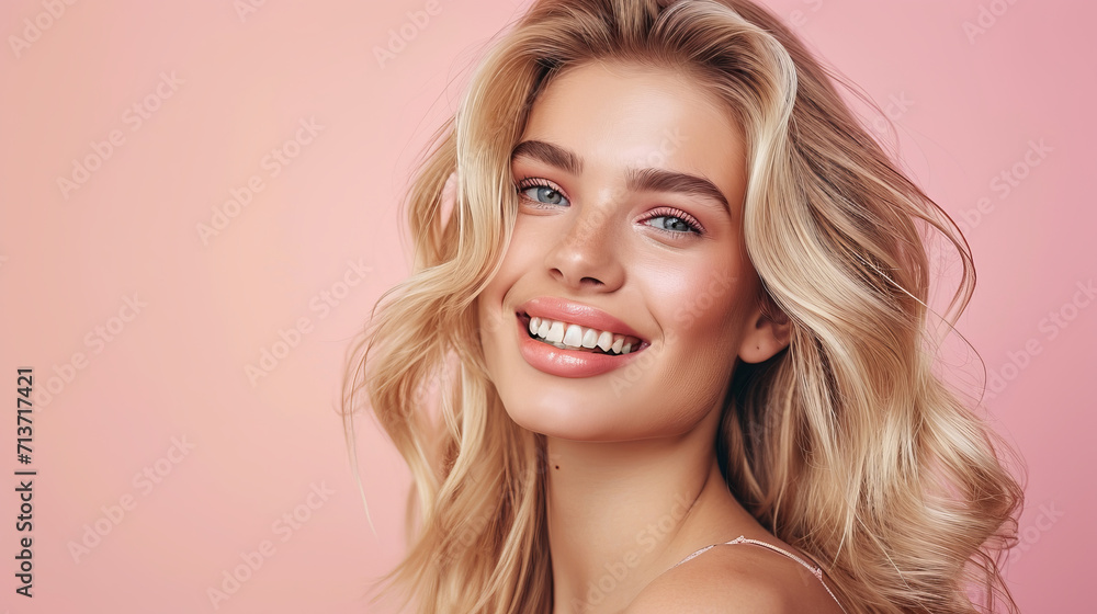 Stunning woman with a glowing smile and flowing hair on a soft pink background – this image is AI Generative. Stunning woman with a glowing smile and flowing hair on a soft pink background – this image is AI Generative.