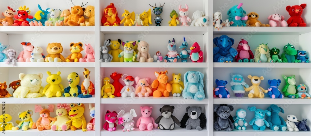 Colorful Plush Toys Collection on White Shelves - obrazy, fototapety, plakaty 