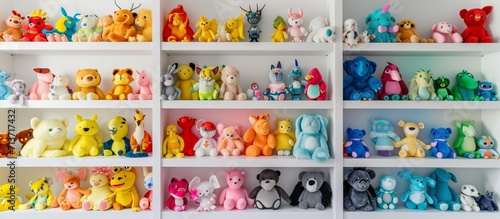 Colorful Plush Toys Collection on White Shelves photo