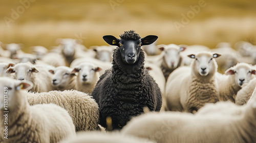 A single black sheep amidst a sea of white, representing the courage to be different – this image is AI Generative.