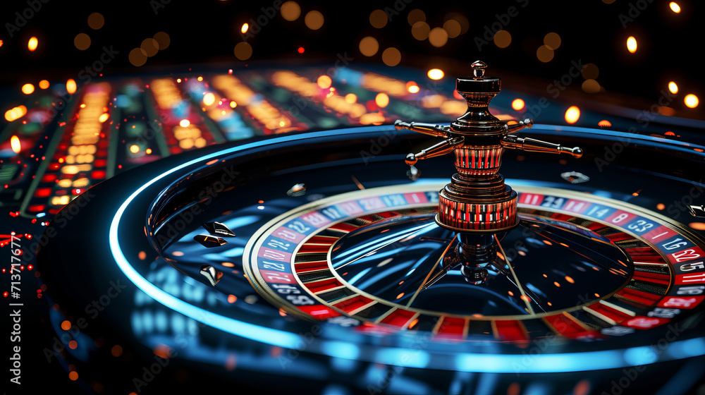 A detailed image of a roulette wheel in motion, capturing the excitement and unpredictability of gaming, is AI Generative. - obrazy, fototapety, plakaty 