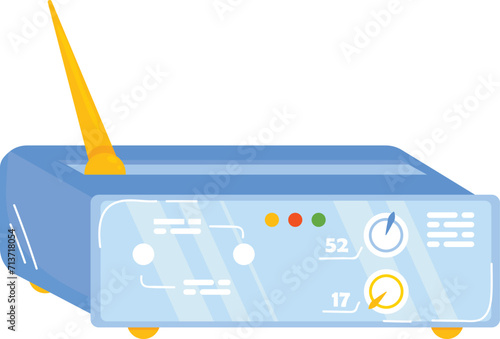 Blue wireless router with lights and antenna. Home internet equipment, network connection device. Modern technology and connectivity vector illustration.
