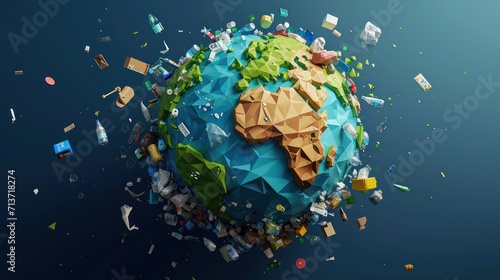 Illustration of planet earth globe made from trash. Save green planet concept