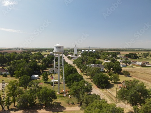 Sharon, Kansas water tower and town aerial 