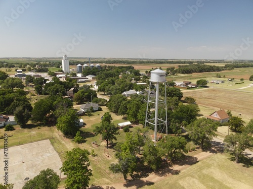 Sharon, Kansas water tower and town aerial 