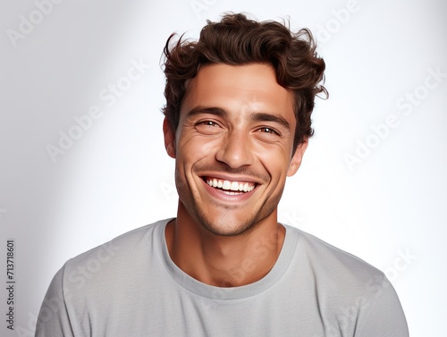 A Close up shoot of Smiling man with white teeth on white background for teeth and toothpaste ads © ALI