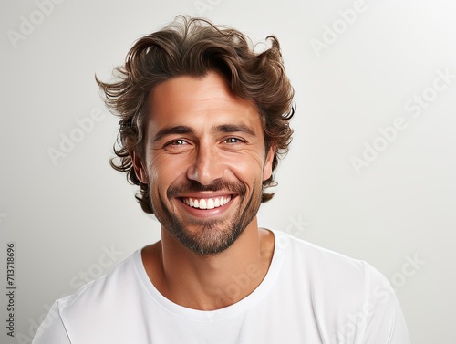 A Close up shoot of Smiling man with white teeth on white background for teeth and toothpaste ads