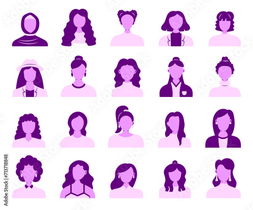 Women face avatars. Unknown or anonymous person. Different user profile. Hand drawn style. Vector drawing. Collection of design elements.