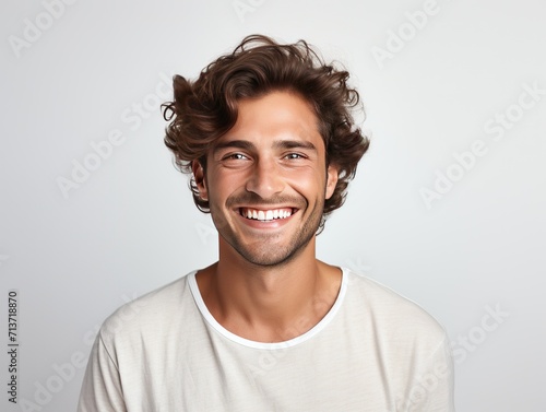 A Close up shoot of Smiling man with white teeth on white background for teeth and toothpaste ads