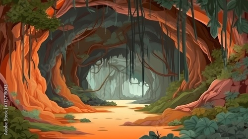 view in the deep of the forest with trees sticking out background illustration