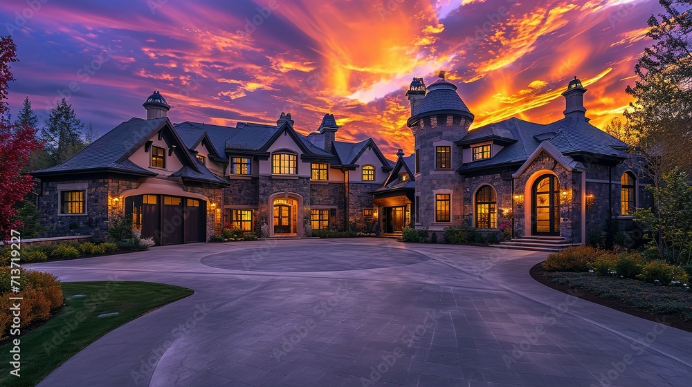 Stunning Luxury Home Exterior at Sunset with Colorful Sky and Expansive Driveway. This Mansion has Three Garages, Turret Style Tower, and Two Floors