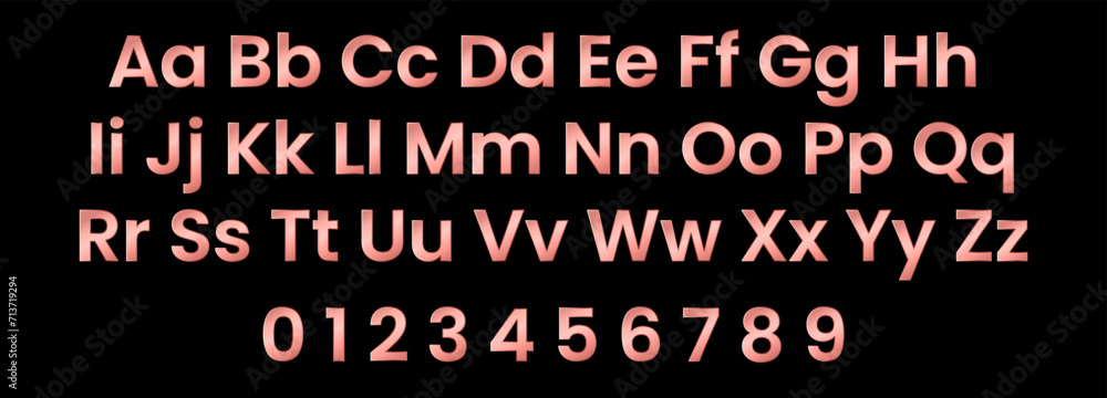 Vector Rose Gold Font. Metallic Alphabet Letters, Numbers and Symbols.
