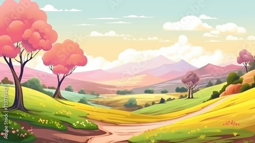 beautiful landscape nature mountain view background illustration with road