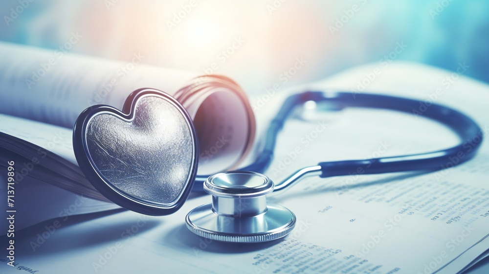 Medical stethoscope twisted in heart shape lying on patient medical history list and blue doctor uniform closeup - obrazy, fototapety, plakaty 