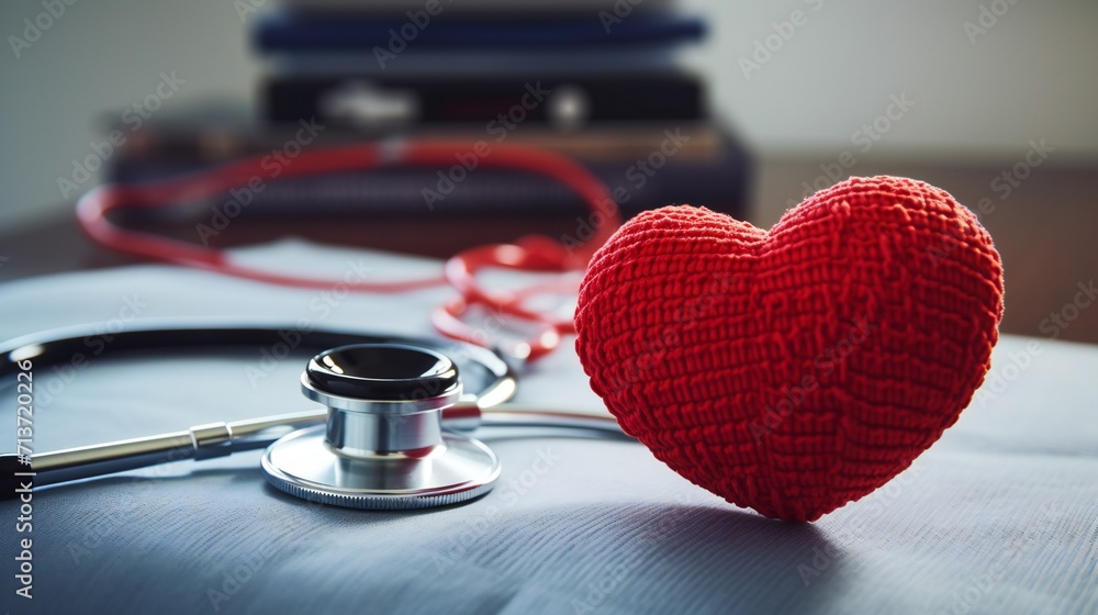 Red knitted heart next to stethoscope and patient examination form Red knitted heart next to stethoscope and patient examination form