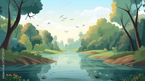 beautiful landscape nature wirh river and mountain view background illustration photo