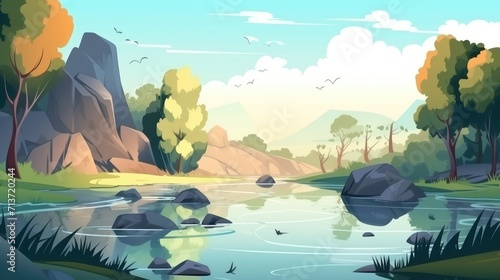 beautiful landscape nature with river and mountain view background illustration