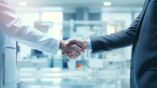 Science, handshake and agreement in laboratory for success, deal or gratitude. Teamwork, medical research and scientist shaking hands in gloves for partnership, collaboration or welcome for doctors