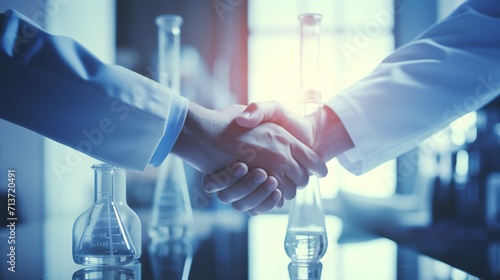 Science, handshake and agreement in laboratory for success, deal or gratitude. Teamwork, medical research and scientist shaking hands in gloves for partnership, collaboration or welcome for doctors