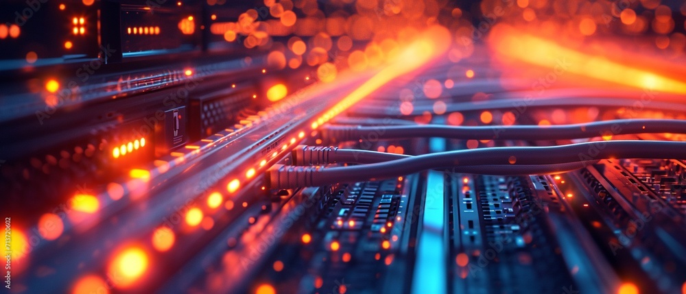 Web banner of glowing data cables transferring information inside computer server, internet connection concept,generative ai Web banner of glowing data cables transferring information inside computer server, internet connection concept,generative ai