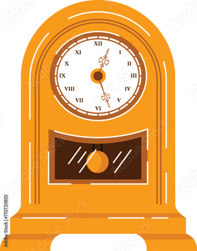 Orange vintage pendulum clock showing time classic design. Antique wooden wall clock with swinging pendulum vector illustration.