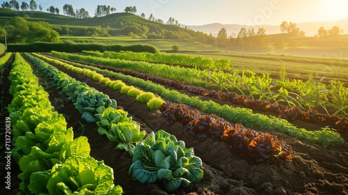 Lush Vegetable Farm with Rows of Diverse Crops at Sunrise