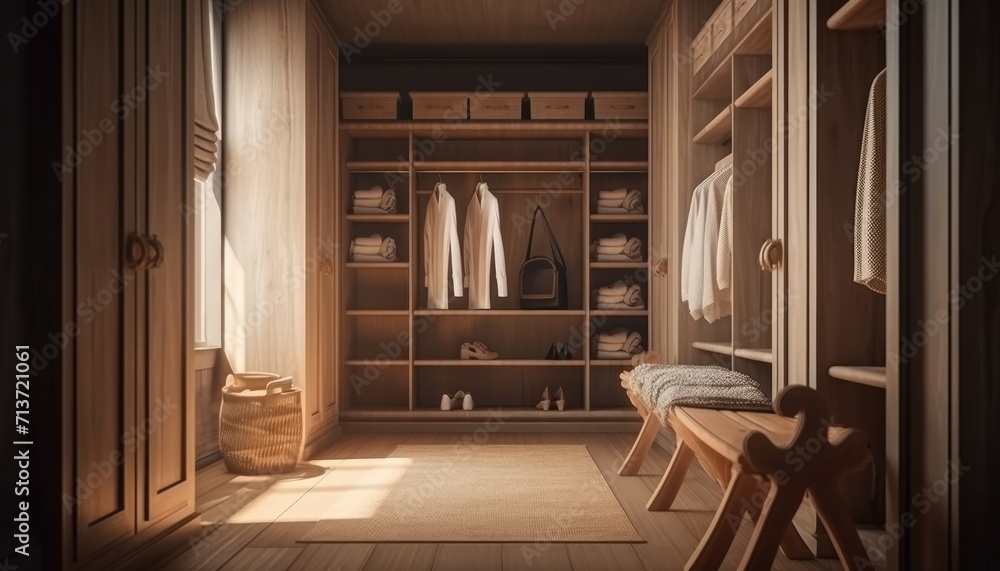 Modern walk in closet of towels and shoes. Modern interior design concept. Modern walk in closet of towels and shoes. Modern interior design concept.