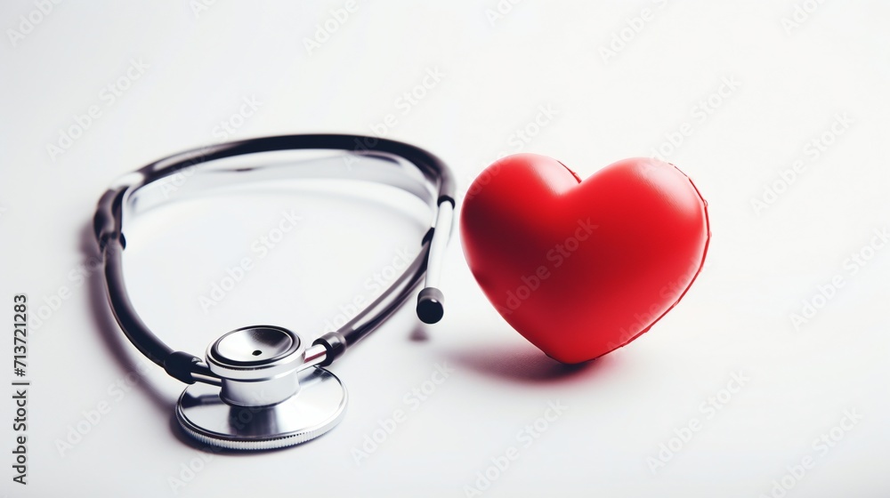 Stethoscope placing on red heart to check heart beat on white background; healthcare concep Stethoscope placing on red heart to check heart beat on white background; healthcare concep
