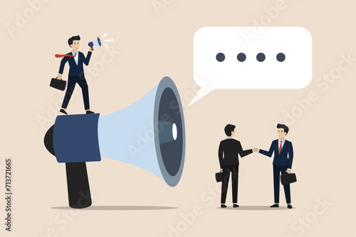Advertisement marketing, business advertising promotion concept, promoter standing on big megaphone talking to the investors.