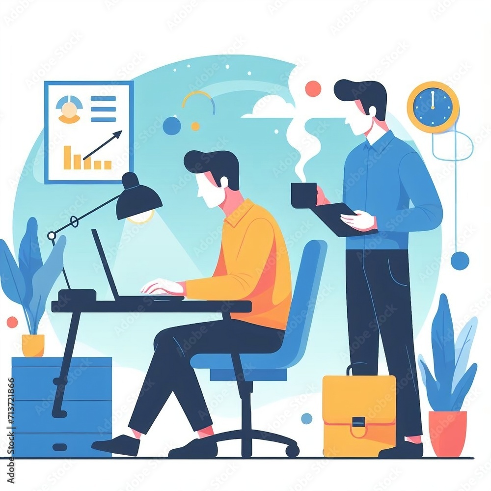 two office workers, friend holding a warm coffee, Flat style vector illustration two office workers, friend holding a warm coffee, Flat style vector illustration