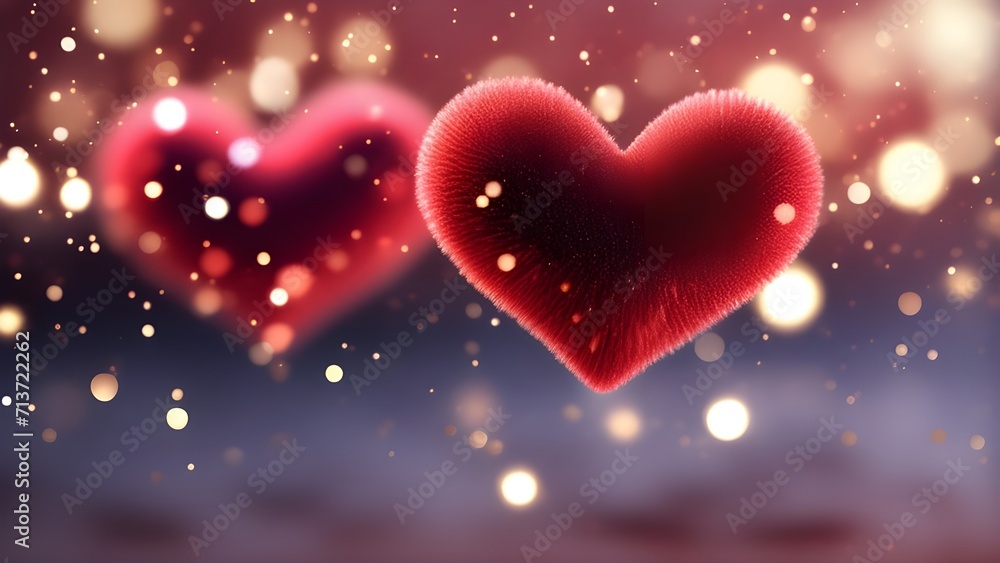 valentine's day background; red color 3d shiny hearts in middle of gold and purple glow particles abstract background with bokeh effect, copy space for text valentine's day background; red color 3d shiny hearts in middle of gold and purple glow particles abstract background with bokeh effect, copy space for text