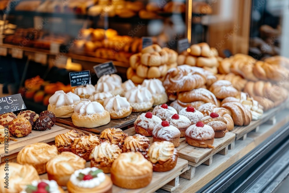 Freshly baked goods displayed in a bakery window