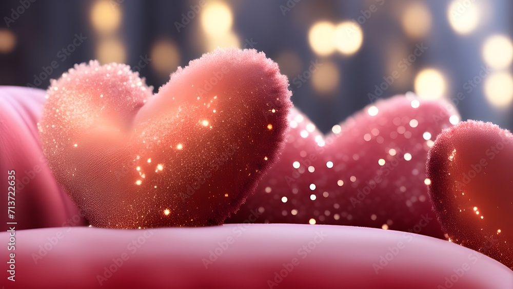 valentine's day background; red color 3d fluffy hearts pillows in gold and purple glow particles abstract background with bokeh effect, copy space for text