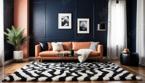 Navy Salmon walls with a plush white shag rug leather accents and bold geometric prints in shades of black and whit style photo