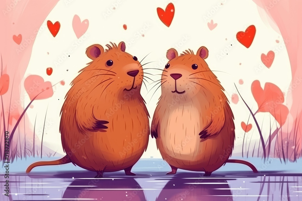 cute beavers, mice, muskrats . Happy Valentine's Day card. Love. Cute animals. Hearts. watercolor, gouache. Wedding invitation. children's characters