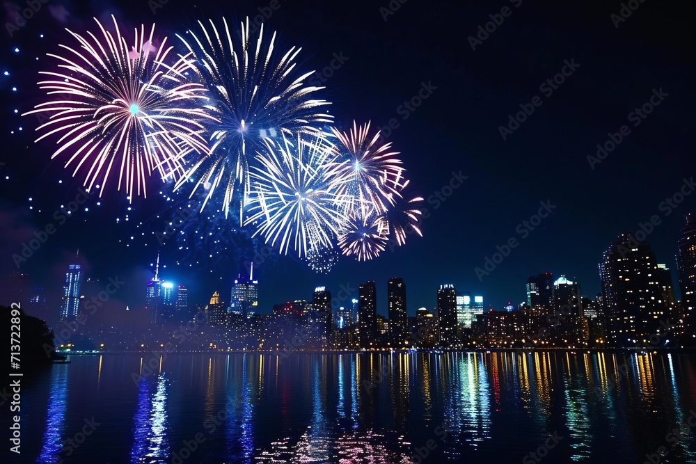 Fototapeta premium Spectacular fireworks display over a city skyline