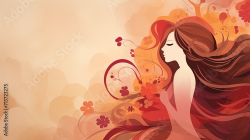 Beautiful woman with long hair and flowers in her hair. illustration.