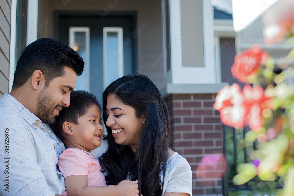 A delightful Indian family moment outside their new residence. enjoys an unparalleled happiness. generative AI A delightful Indian family moment outside their new residence. enjoys an unparalleled happiness. generative AI