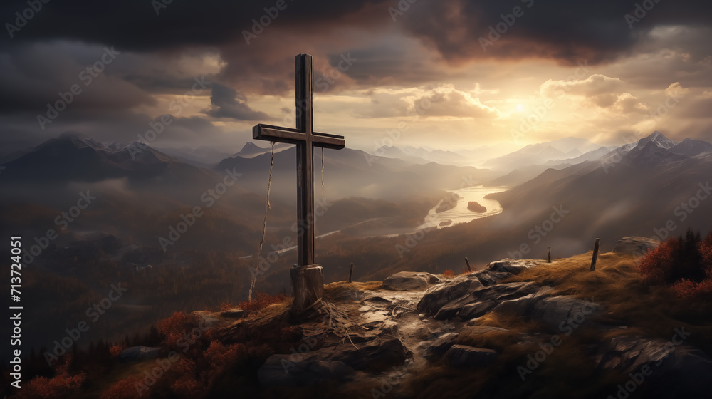 Silhouette jesus lord cross symbol on Calvary mountain sunset background. crucifixion of Jesus, crucifixion, religion and christianity, Christian worship god, Easter day or resurrection concept