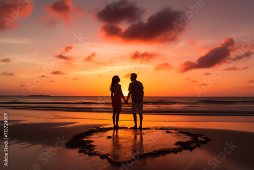 A romantic couple are holding hands together on the beach with heart drawing on the sand and beautiful and colorful sunset background © HappyPICS