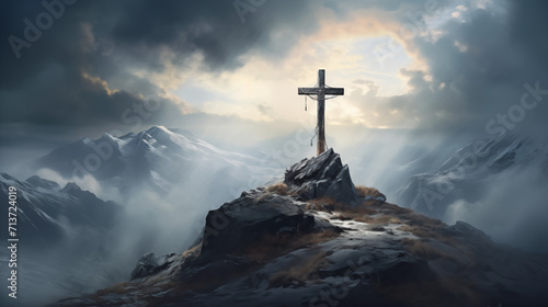 Fotografija Silhouette jesus lord cross symbol on Calvary mountain sunset background