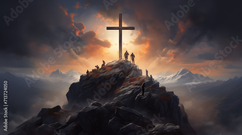 Silhouette jesus lord cross symbol on Calvary mountain sunset background. crucifixion of Jesus, crucifixion, religion and christianity, Christian worship god, Easter day or resurrection concept © AK528