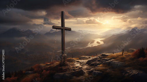 Silhouette jesus lord cross symbol on Calvary mountain sunset background. crucifixion of Jesus, crucifixion, religion and christianity, Christian worship god, Easter day or resurrection concept