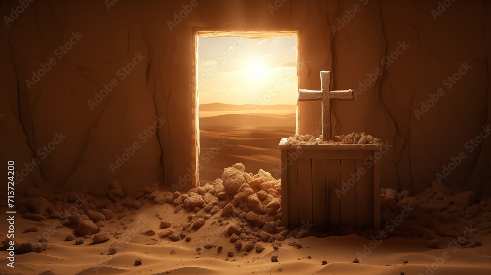 Obraz premium Tomb of jesus : Jesus Christ is Risen : Easter Day : Details of Jesus Christ’s Resurrection : Surrealism Background, Easter day or resurrection of jesus christ concept