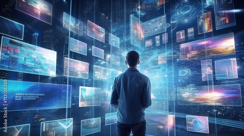 media library concept. man using virtual video gallery media library concept. man using virtual video gallery