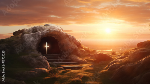 Religious Easter background light rays shining through the entrance into the empty stone tomb. Artistic strong vignette, Jesus's tomb at sunrise, Easter day or resurrection of jesus christ concept photo