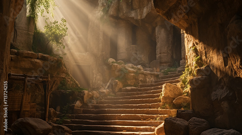 Religious Easter background, with strong light rays shining through the entrance into the empty stone tomb. Artistic strong vignette, contrast, Easter day or resurrection of jesus christ concept photo