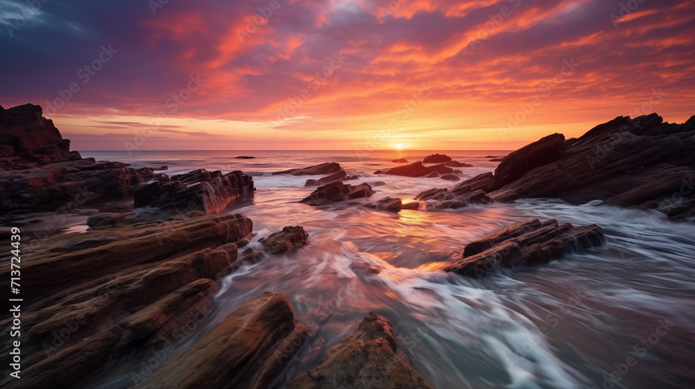 Beautiful coastal sunset, painting the sky in a vibrant palette of oranges, pinks, and purples last rays of sunlight kiss the waves and create a mesmerizing play of colors, breathtaking, alluring