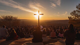 Organize a community sunrise service to celebrate the resurrection of Jesus Christ. Silhouette of christian prayers while praying to the Jesus. Christians prayed together in the church on sunrise sky