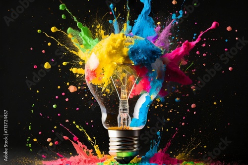 Creative light bulb explodes with colorful paint and splashes on a black background. Think d